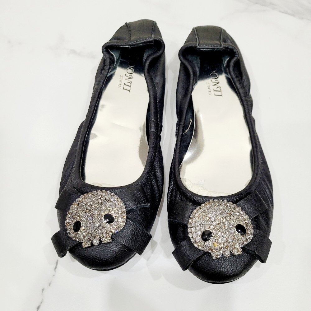 Brand New Japan Black Rhinestone Skull Lamb Skin Shoes Flats US 5.5